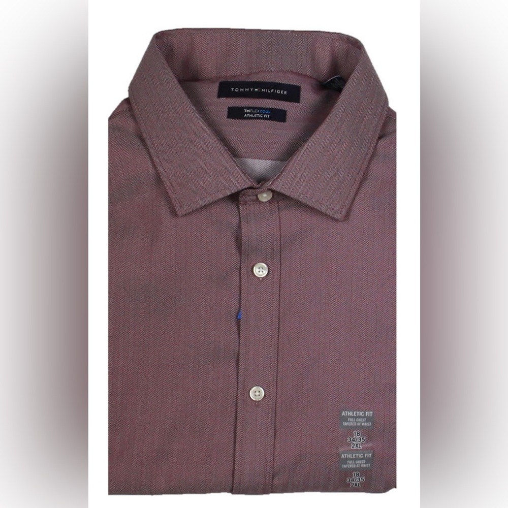 Tommy Hilfiger Mens Herringbone Button-Down Slim Fit Dress Shirt Burgundy XL17.5